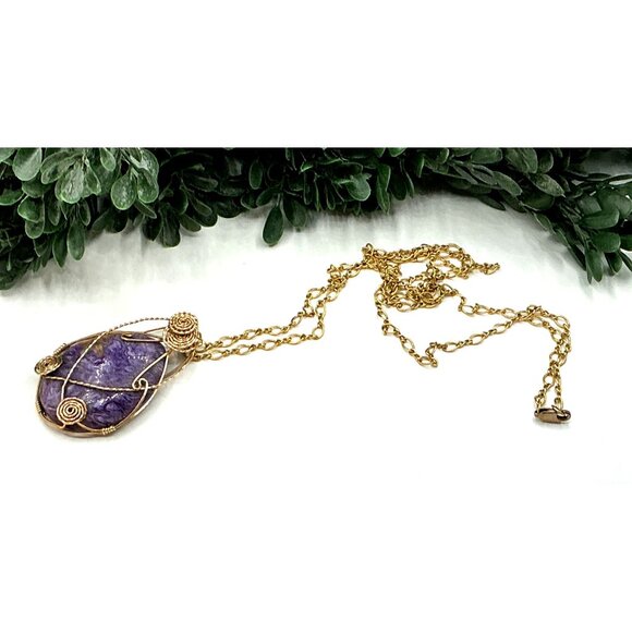 Gold 14KT GF Tone Wire Wrapped Purple Gemstone Pendant Necklace On Long Chain - Picture 2 of 6